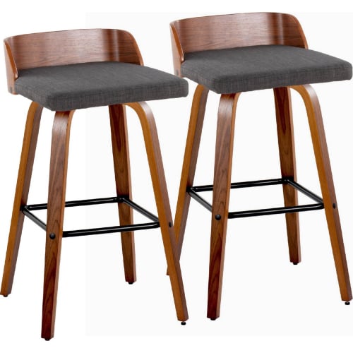 Maya 30" Swivel Bar Stool in Walnut Wood & Charcoal Fabric w/ Black Footrest (Set of 2)